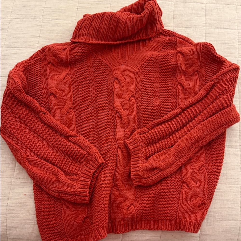 Elegant Scarlet Cable Knit Turtleneck Sweater